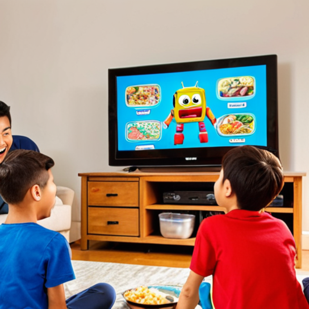 ** A group of diverse kids happily watching Hello Carbot on a large screen TV in a cozy living room. One child is pointing excitedly at the screen. Snacks are scattered around, and a parent is smiling in the background. The TV screen displays a vibrant scene of Cha Tan and Ace working together to solve a problem. Focus on creating a warm, family-friendly atmosphere.

**