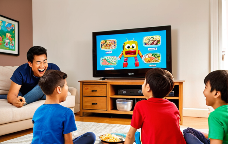 ** A group of diverse kids happily watching Hello Carbot on a large screen TV in a cozy living room. One child is pointing excitedly at the screen. Snacks are scattered around, and a parent is smiling in the background. The TV screen displays a vibrant scene of Cha Tan and Ace working together to solve a problem. Focus on creating a warm, family-friendly atmosphere.
**