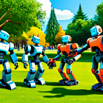 Teamwork and Courage**

"A group of diverse, friendly robots working together to help a smaller robot overcome an obstacle course. The scene takes place in a bright, colorful park setting. Robots are fully clothed in fun, practical gear. Safe for work, appropriate content, professional illustration, family-friendly, perfect anatomy, correct proportions, well-formed hands, natural pose."

**