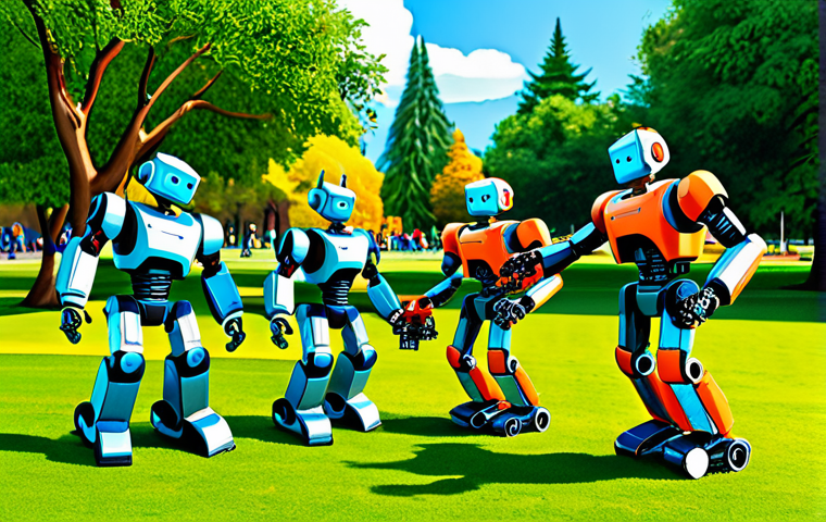 Teamwork and Courage**

"A group of diverse, friendly robots working together to help a smaller robot overcome an obstacle course. The scene takes place in a bright, colorful park setting. Robots are fully clothed in fun, practical gear. Safe for work, appropriate content, professional illustration, family-friendly, perfect anatomy, correct proportions, well-formed hands, natural pose."

**